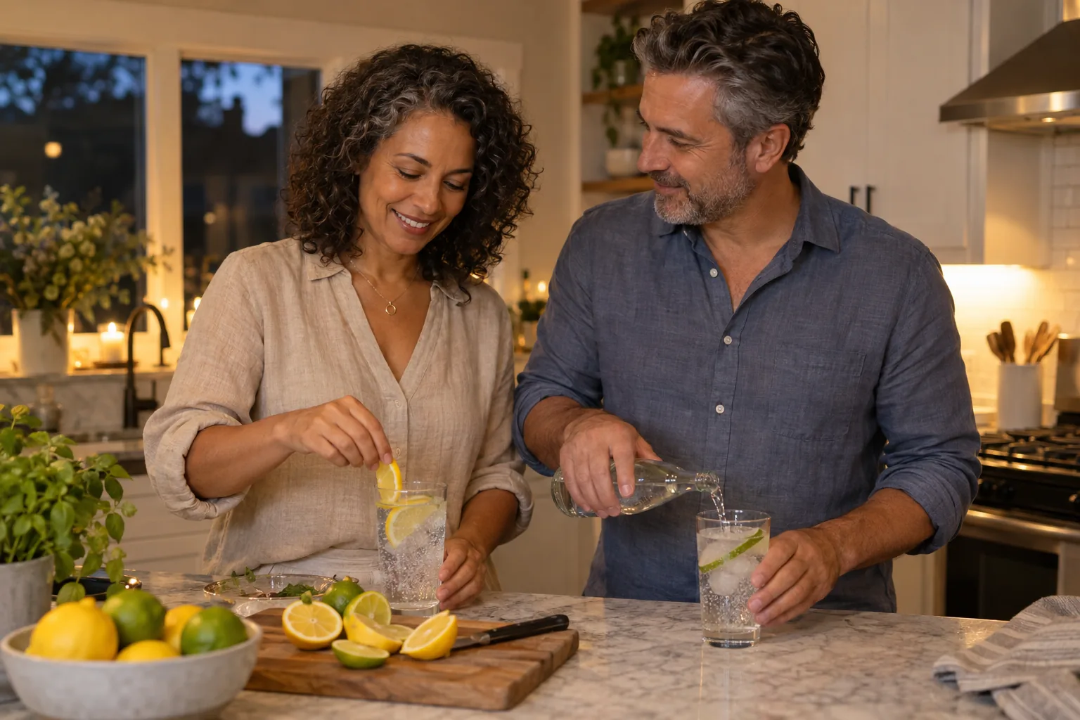 A midlife couple preparing sparkling water with citrus in their kitchen