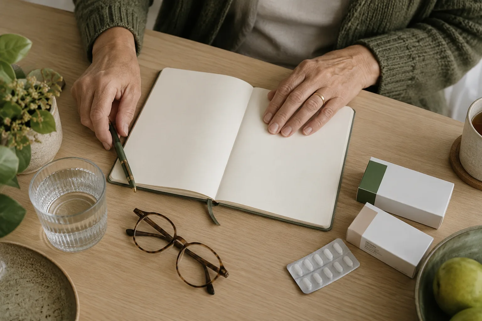 Hands arranging a notebook beside medication cartons