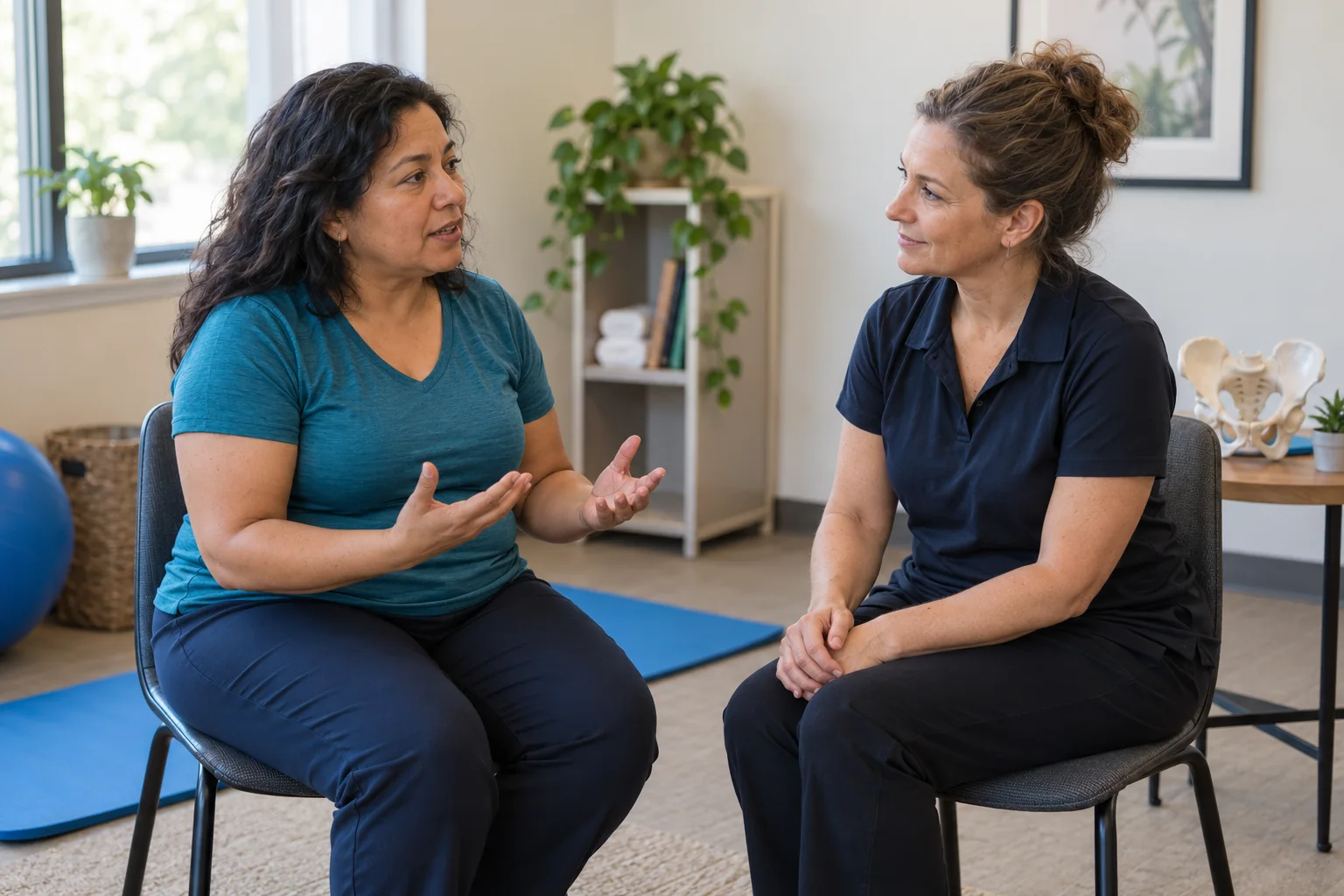 A woman speaking with a physiotherapist beside an exercise mat and pelvic model