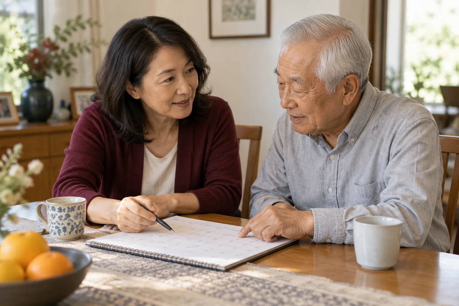 An adult daughter and her father planning together at a table
