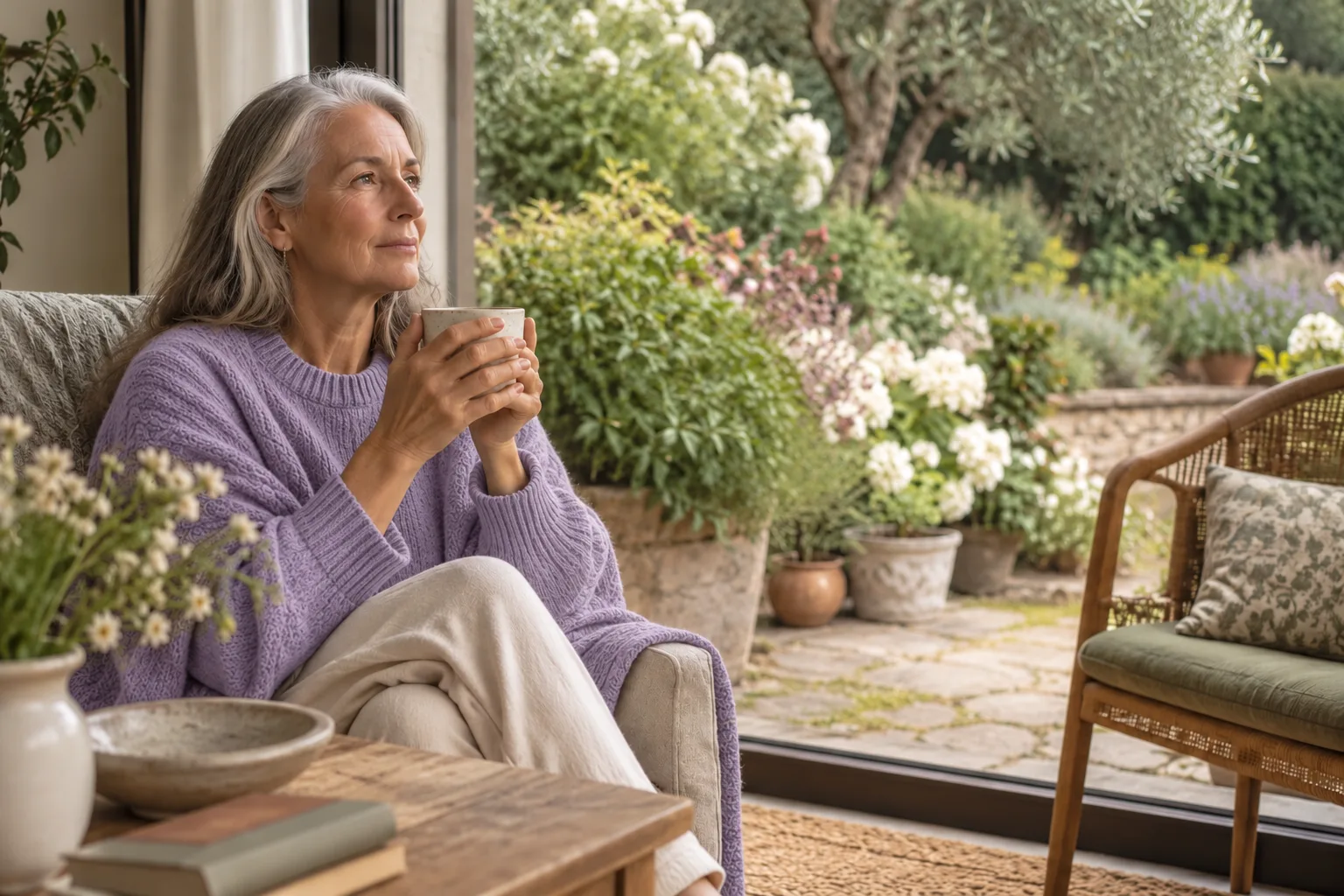 A woman holding a cup beside a garden-facing window