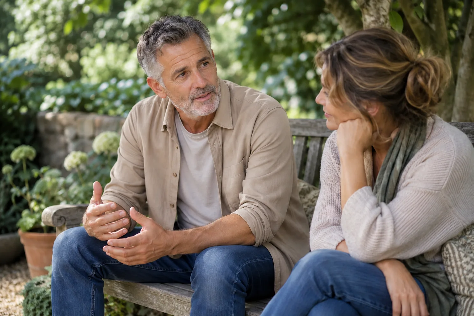 A couple talking on a shaded garden bench