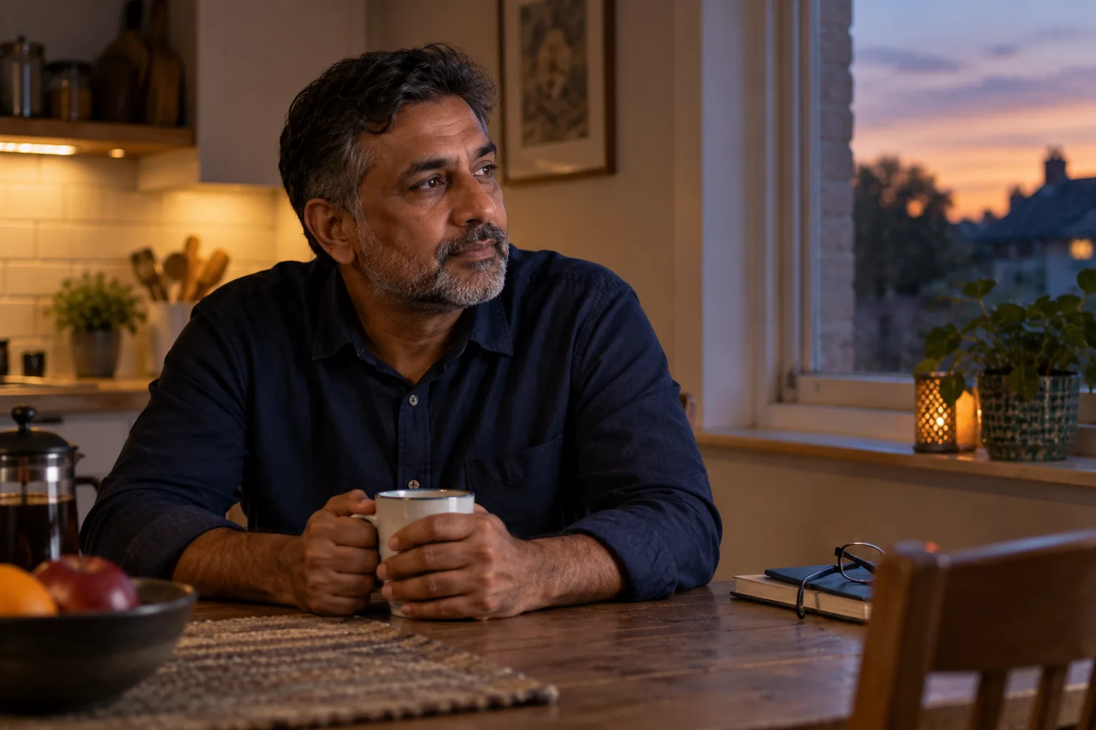 A man in a navy shirt resting with a mug at his kitchen table