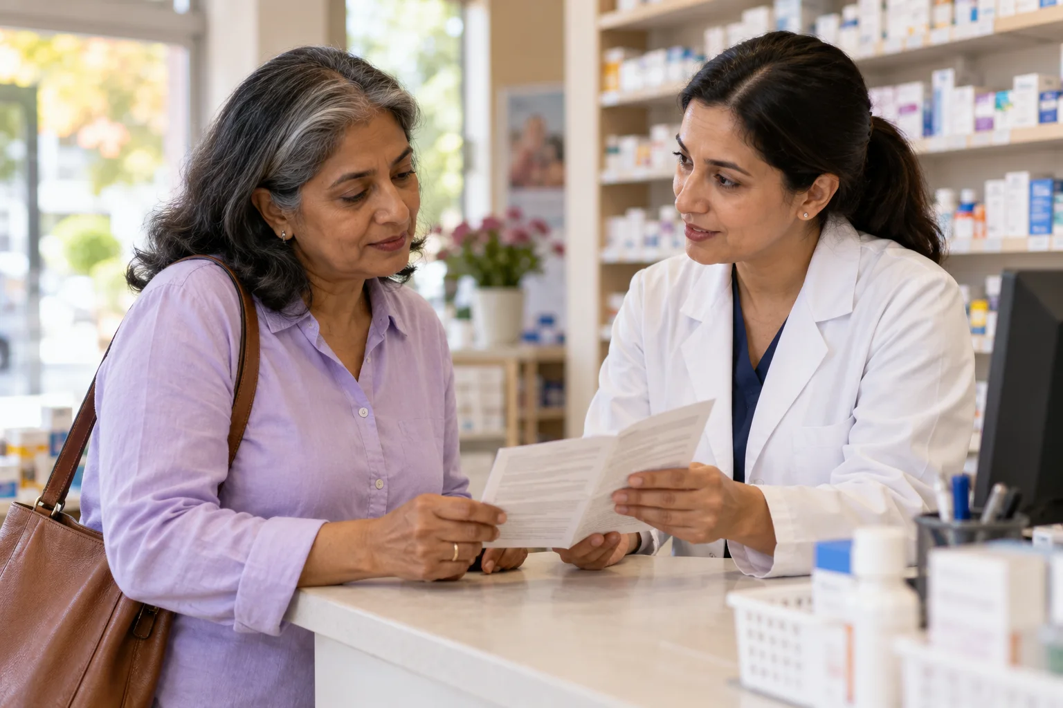 A woman in lavender reviewing a medicine leaflet with a pharmacist