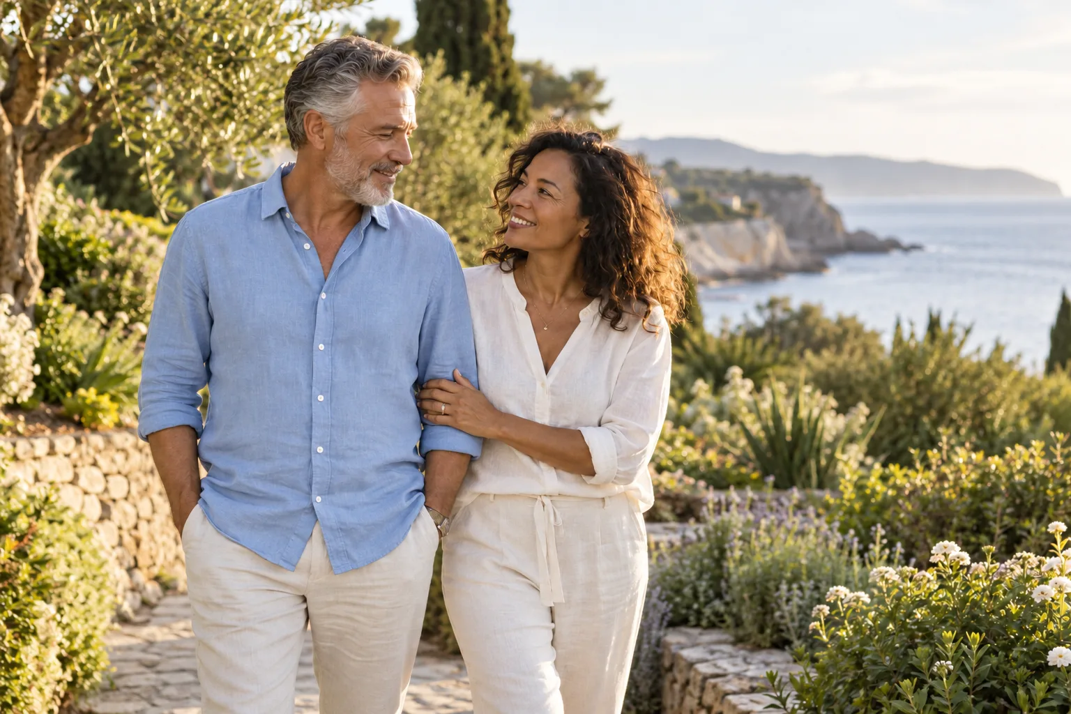 A couple walking together through a coastal garden