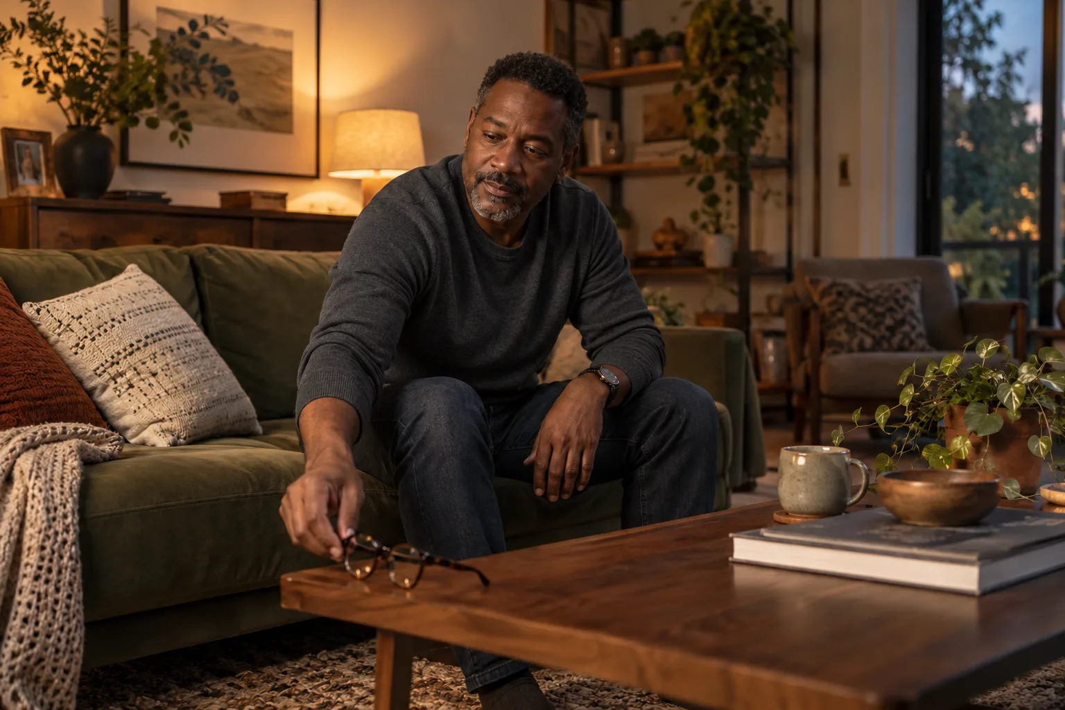 A man setting aside his glasses on a sofa after a long day