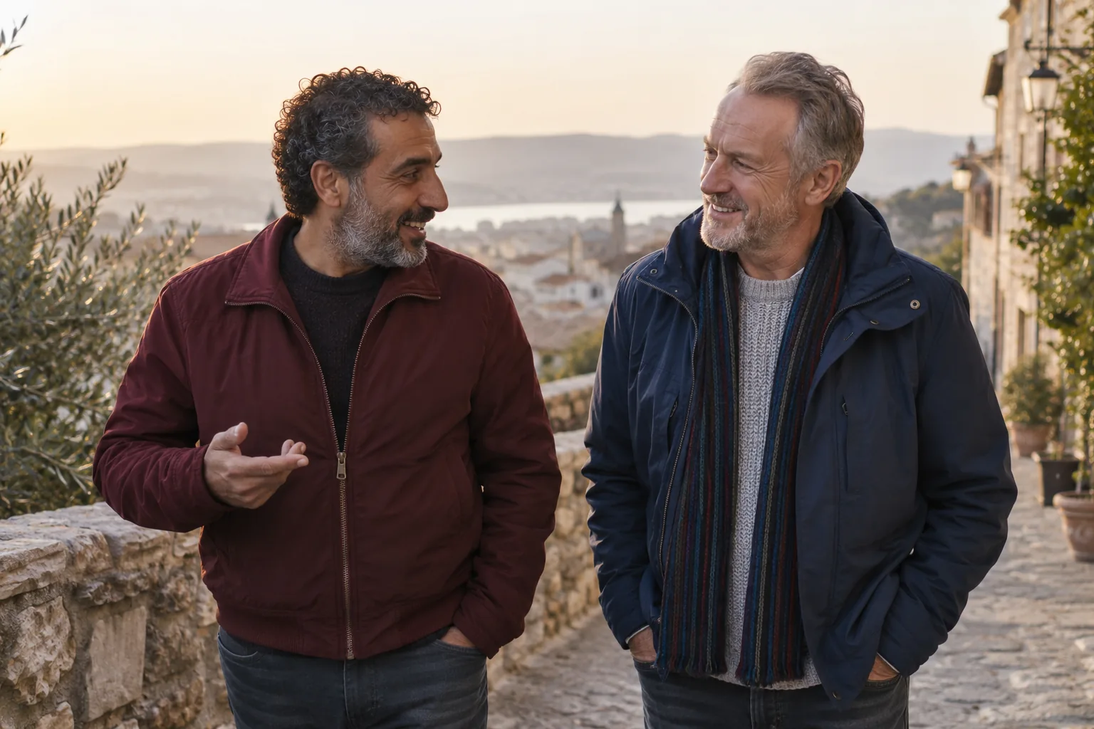 Two midlife friends talking during a neighbourhood walk