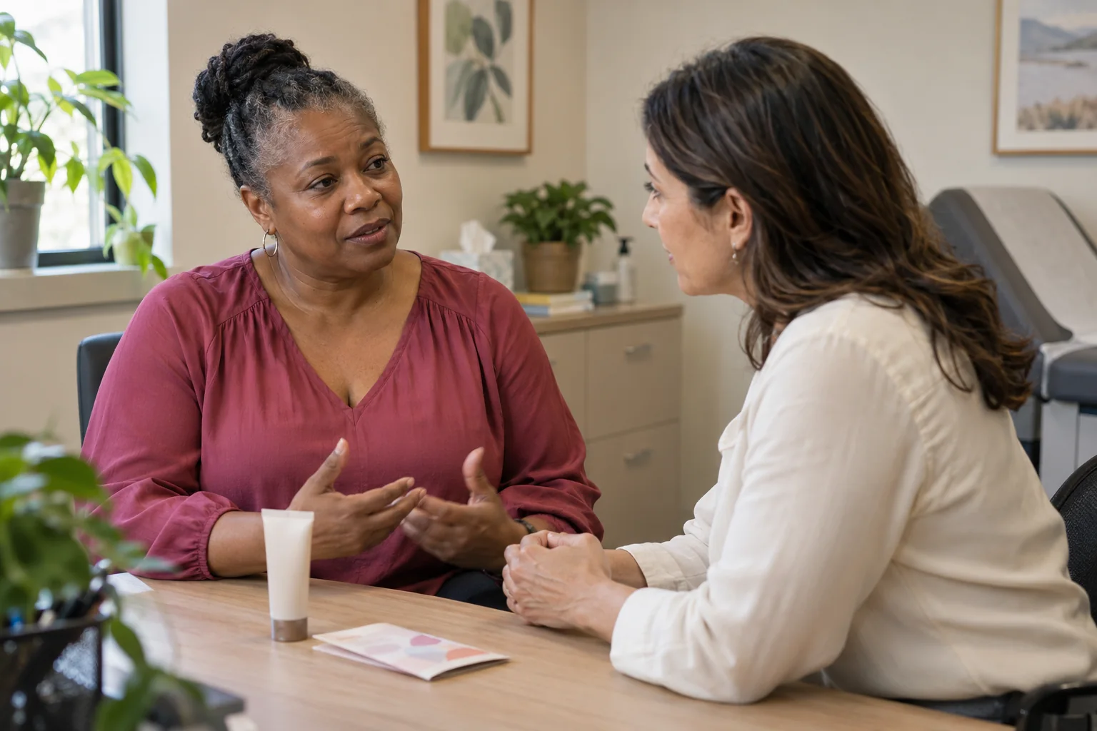 A woman discussing comfort concerns with a clinician, with a small tube and leaflet on the desk