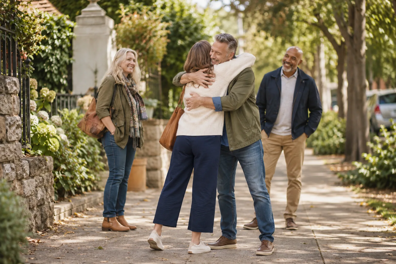 Friends greeting each other with a hug outdoors