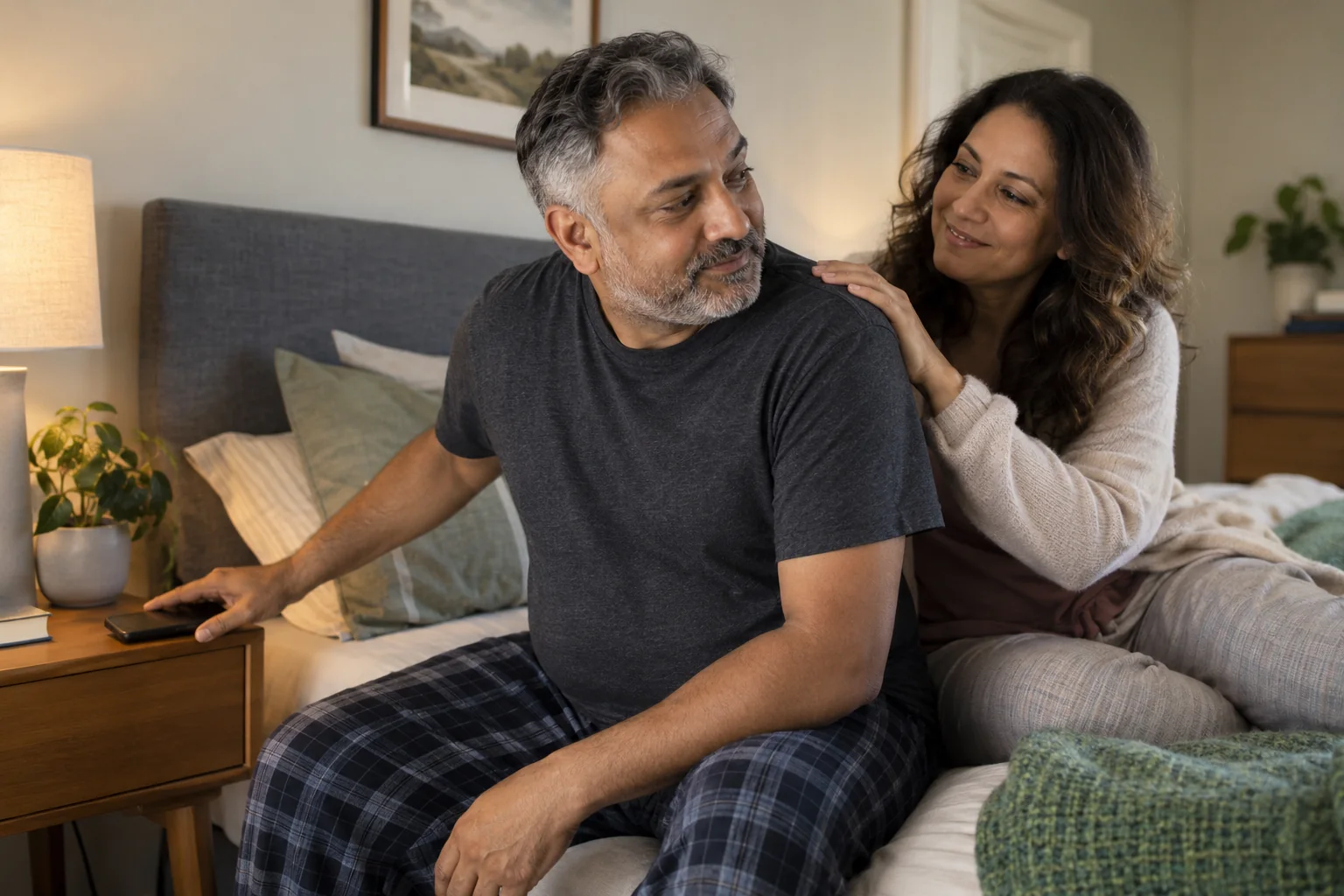 A man putting his phone aside while his partner rests a reassuring hand on his shoulder