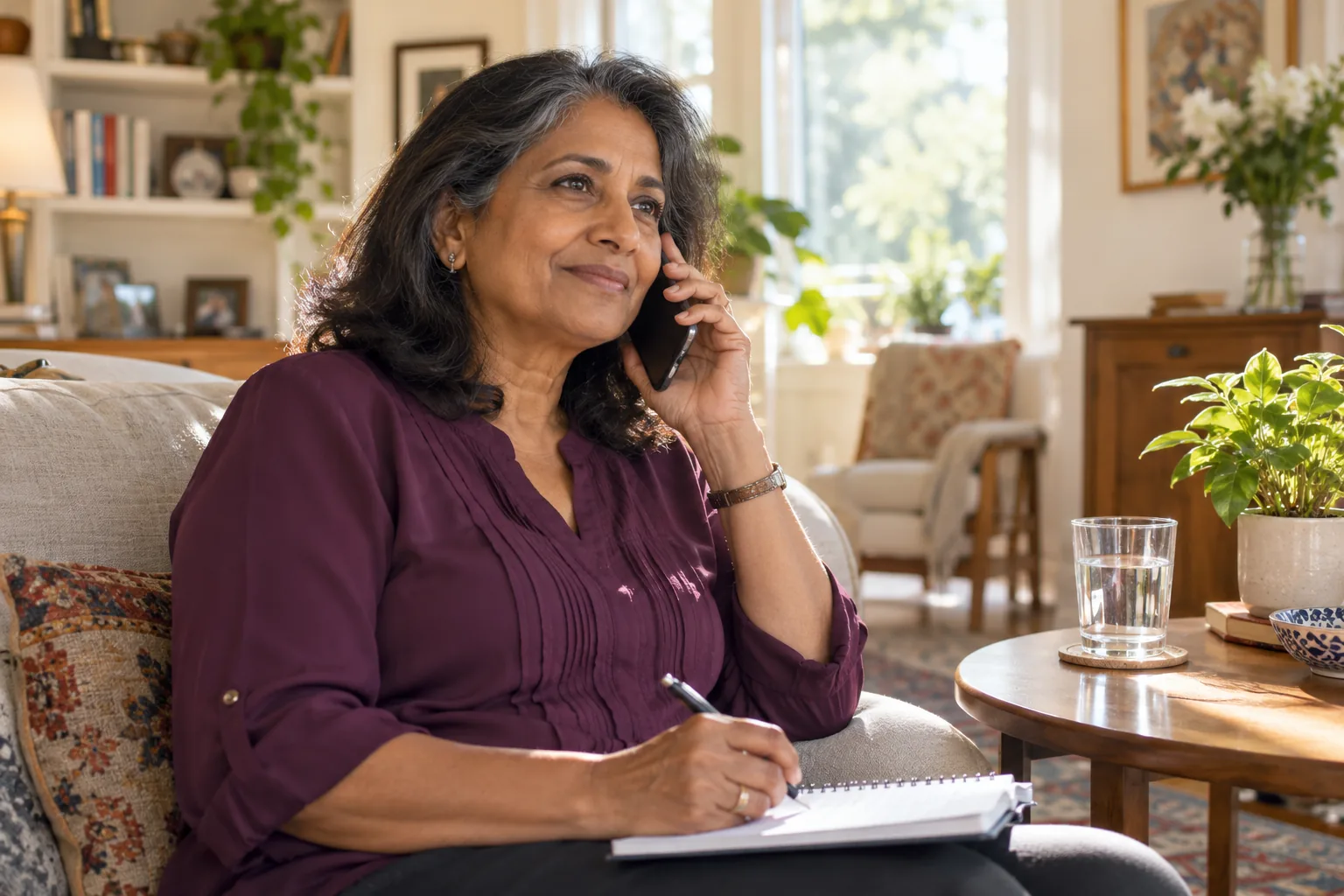 A woman calling her healthcare practice with notes beside her