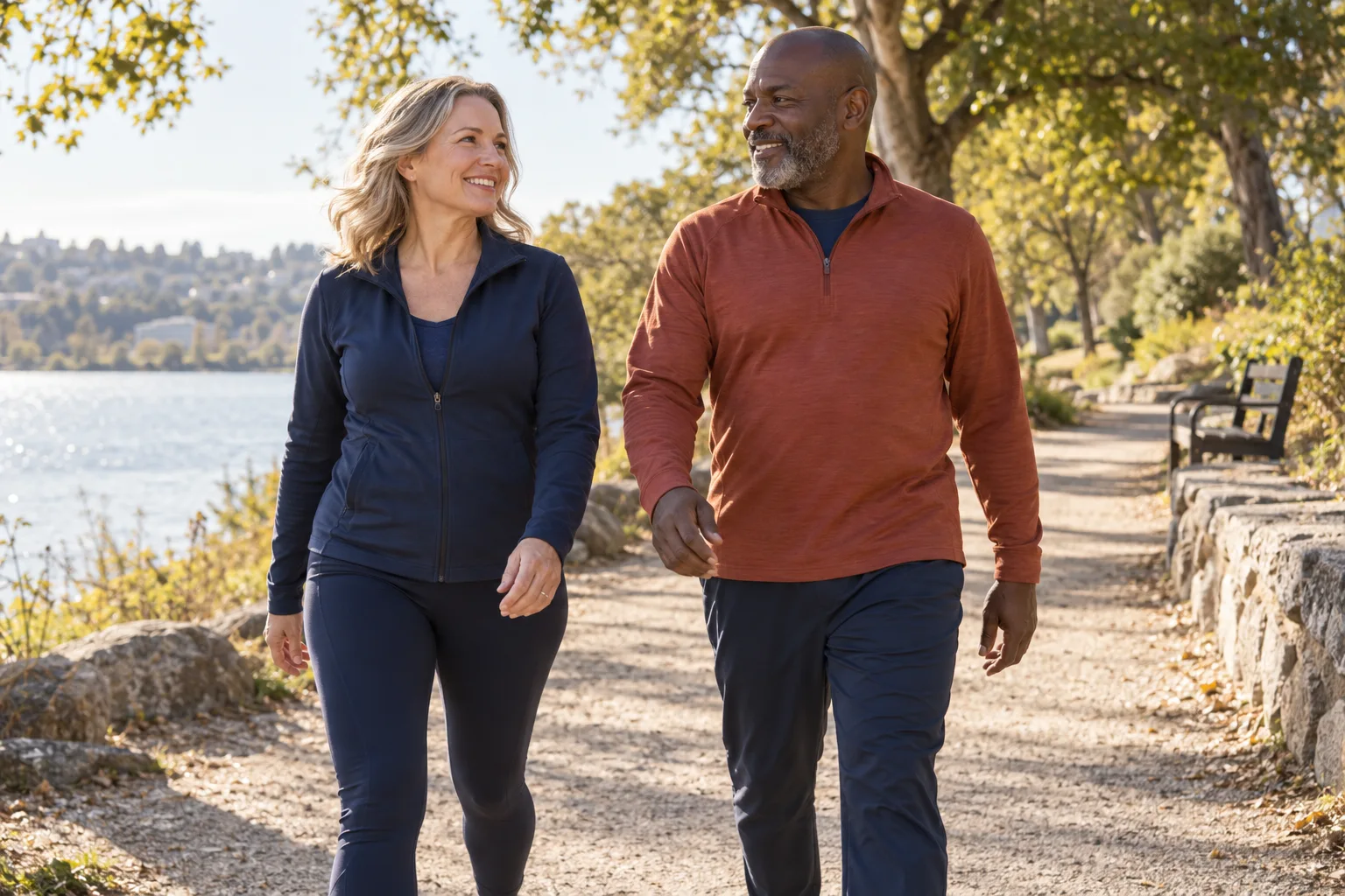 Two adults in navy and terracotta clothing walking together in a park