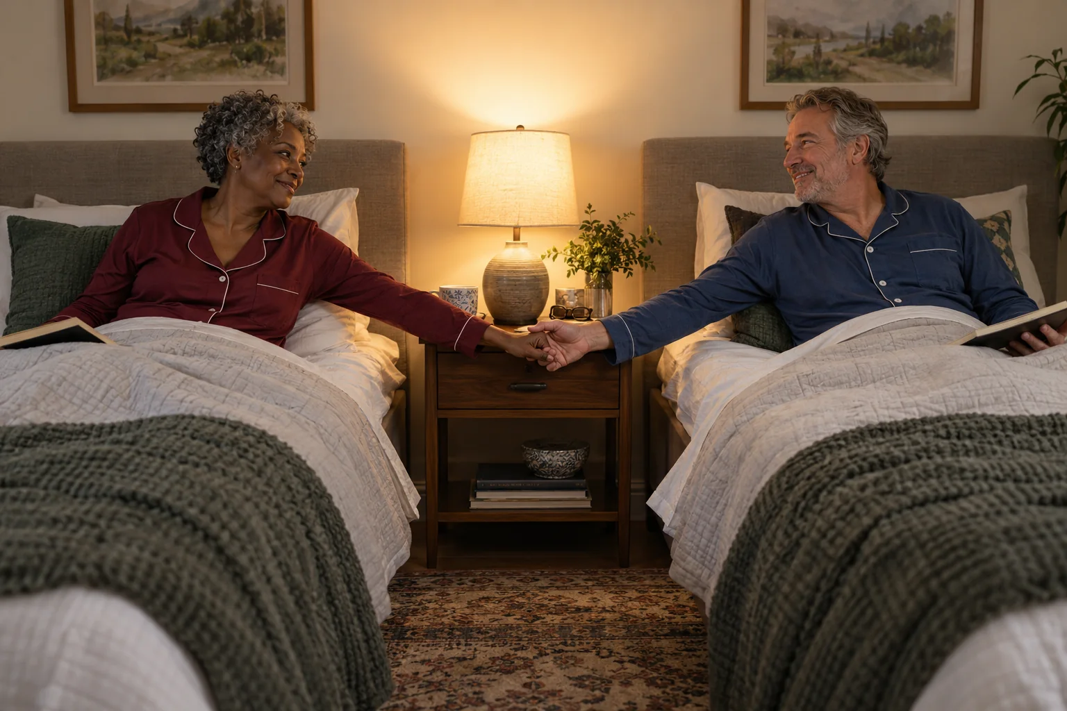A couple reaching toward each other from two separate beds to say goodnight