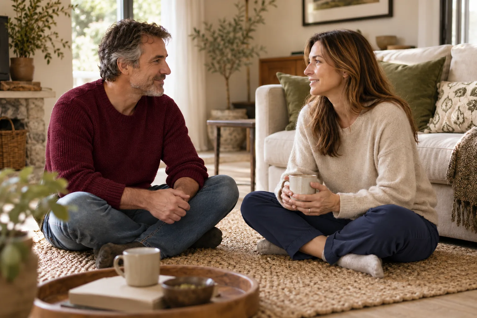 A couple sitting face to face on a living-room rug