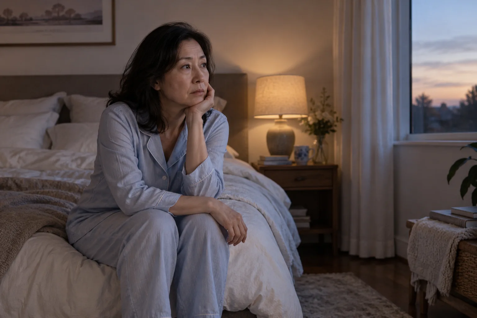 A woman sitting awake on her bed in predawn light