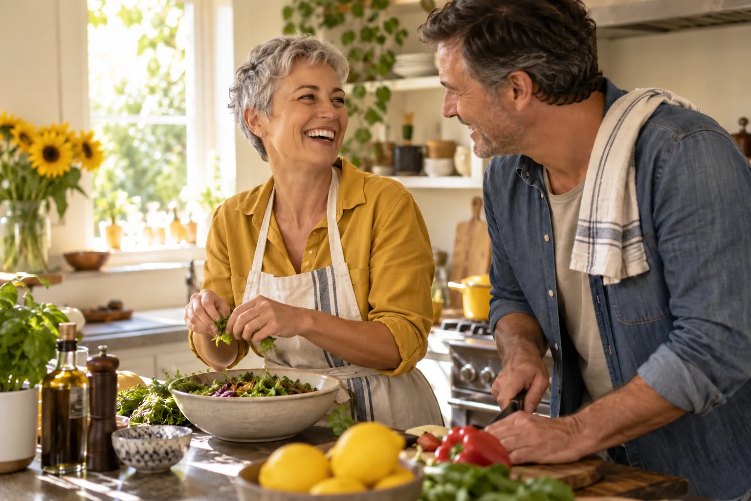A couple laughing together while preparing food