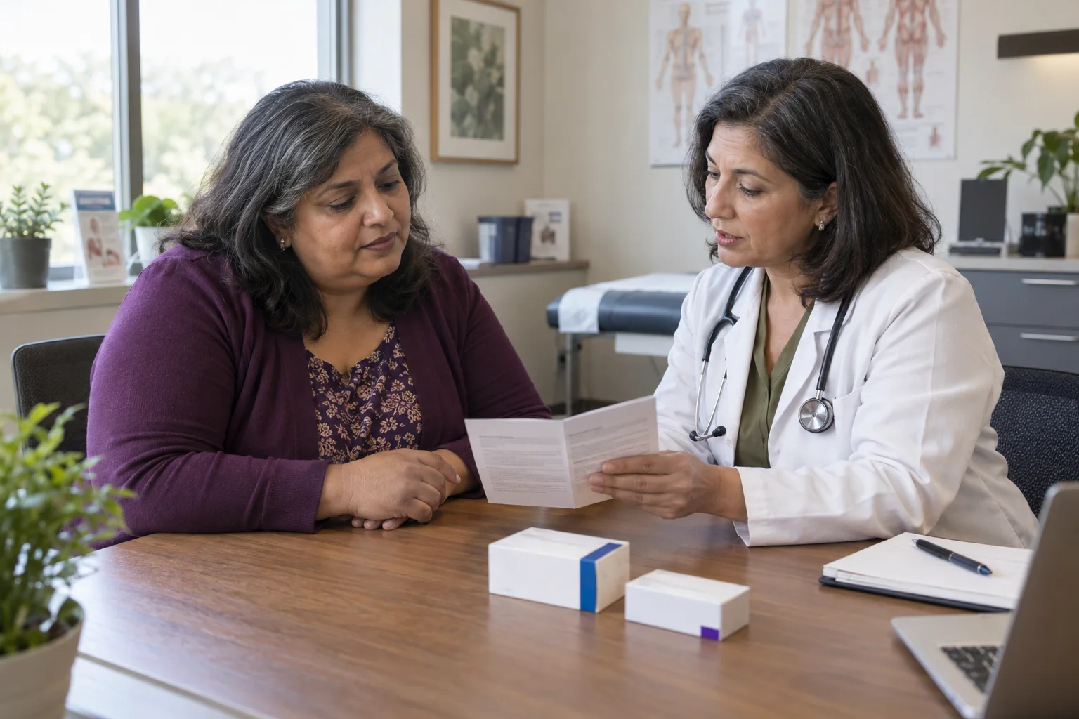 A woman and clinician reviewing treatment information with medicine packages on the desk