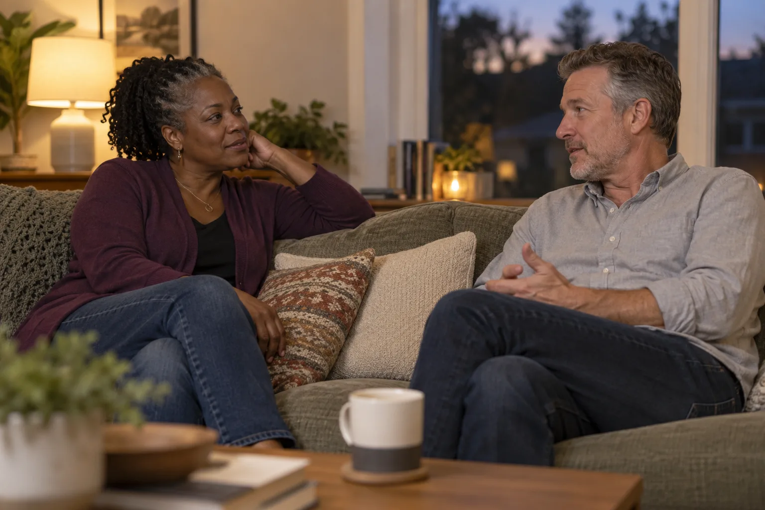 A couple sitting apart on a sofa and turning toward each other